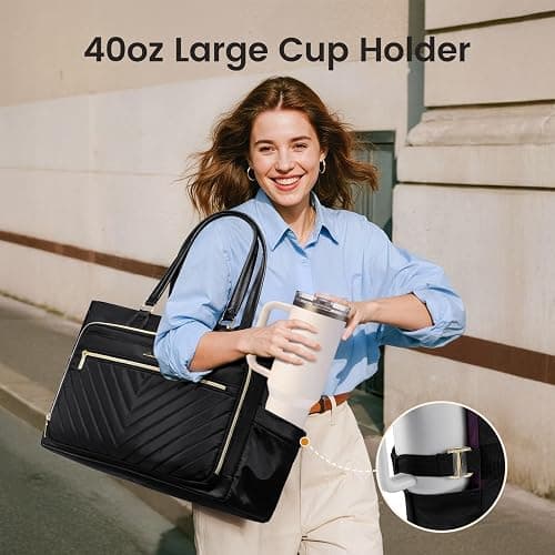 LOVEVOOK Laptop Tote Bag for Women, Work Bag Teacher Tote with Large Cup Holder, Quilted Nurse Diaper Bag for Travel, Computer Women's handbags for Teacher gift, Black, 15.6 Inch thumbnail 3