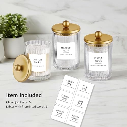 SheeChung 2 Pack Gold Ribbed Glass Qtip Holder with Metal Lids | Apothecary Jars Bathroom Organizer Countertop Vanity Canister Set for Cotton Swabs, Rounds, Floss Picks-Modern Luxury Decor thumbnail 4