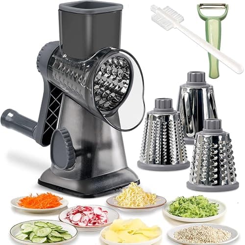 Rotary Cheese Grater Shredder with Handle Handheld Round Mandoline Vegetable Slicer Carrot Shredder Nut Grinder with 3 Replaceable Stainless Steel Drum Blades and Upgrade Strong Suction, Dark Grey - Image 1