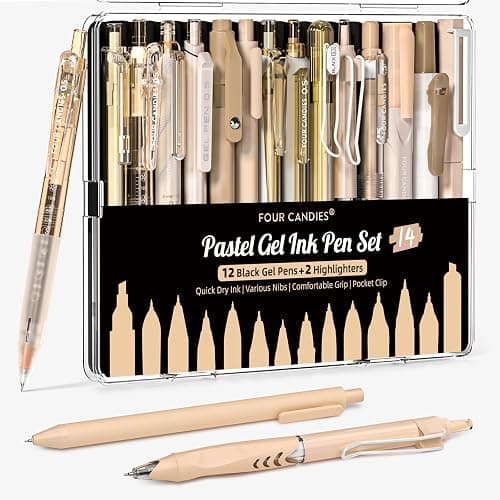 Four Candies 14Pack Pastel Gel Ink Pen Set,Cute Retractable 0.5mm Fine Point Pen,Note Taking Aesthetic Pens,12 Pack Black Ink Pens with 2Pack Highlighter, Smooth Writing Pens for School, Office(Brown) - Image 1