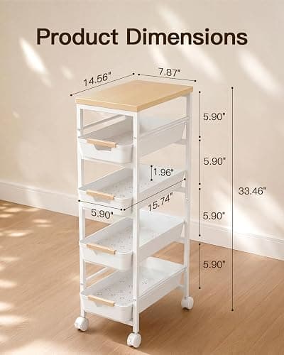 Pipishell Slim Storage Cart with Drawers & Lockable Wheels, 5 Tier Kitchen Cart with Safety Stops & Vented Design, Wood Top, Narrow Rolling cart for Kitchen, Bathroom, Laundry Room, White thumbnail 3