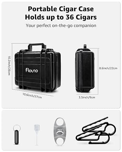 Flauno Travel Cigar Humidor - Large Portable Travel Humidor kit with Humidifier, Cigar Cutter, Cigar Punch, Cigar Holder, Waterproof & Crushproof, Airtight Seal Cigar Case, Holds up to 36 Cigars thumbnail 9
