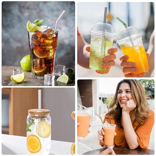 FBAJOJO, coloured glass straws, 8 inch long, 8 mm diameter, 12 wear resistant heat resistant straws, with 4 straw cleaning brushes, 6 straight, 6 curved design thumbnail 6