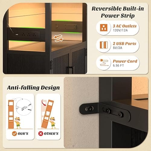 Armocity 82.6" Tall Bar Cabinet with Power Outlets & LED Lights, Liquor Cabinet Bar for Home, Reversible Coffee Station Wine Cabinet with Glass Holder & Wine Rack for Small Space, Black thumbnail 7
