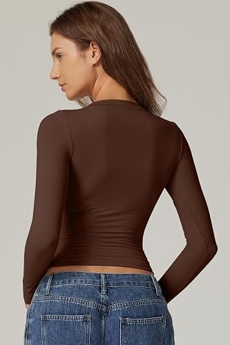 QINSEN Womens Crewneck Long Sleeve Shirt Double Lined Basic Tees Side Ruched Going Out Crop Tops thumbnail 2