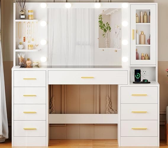 ANWBROAD Large Dressing Table with Mirror and Lights,White Makeup Vanity Desk with Glass Top and Power Outlet 8 Drawers 5 Hooks Nightstand Vanity Table for Bedroom Women Girls YBDT88W thumbnail 9