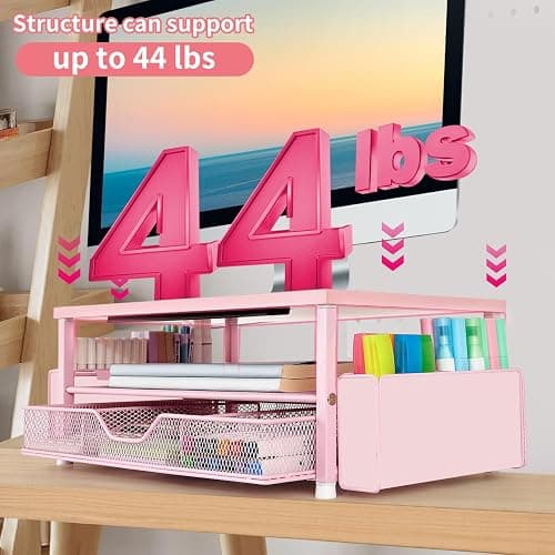AUPSEN Pink Desk Organizers and Accessories, 2-Tier Wood Computer Monitor Stand with Drawer, Pen Storage & Phone Holder, Office Desk Accessories, Workspace Desktop Organization for Office Supplies thumbnail 6