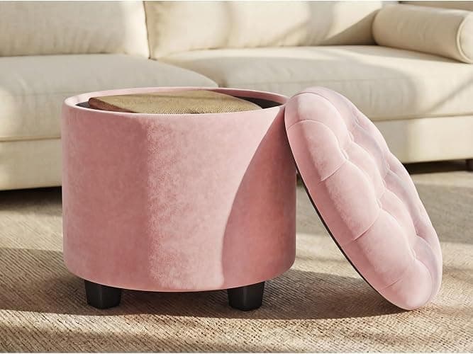 SONGMICS Round Ottoman, Ottoman with Storage, 17.7 x 17.7 x 17.5 Inches, Foot Rest with Legs, Velvet, Load up to 330 lb, for Living Room, Bedroom, Jelly Pink ULOM012R01 - Image 1