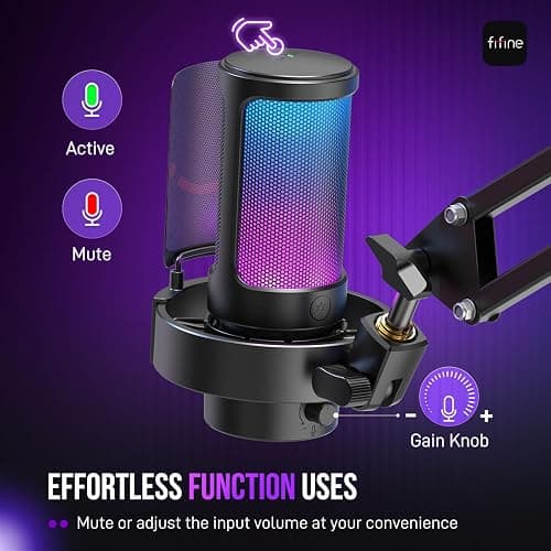 FIFINE USB Gaming Microphone Kit, PC Streaming Mic with RGB Lights, Mute, Gain Knob, Metal Boom Arm for Recording Podcast, Condenser Computer Microphone Set Compatible with PS4/PS5-AmpliGame A8T thumbnail 2