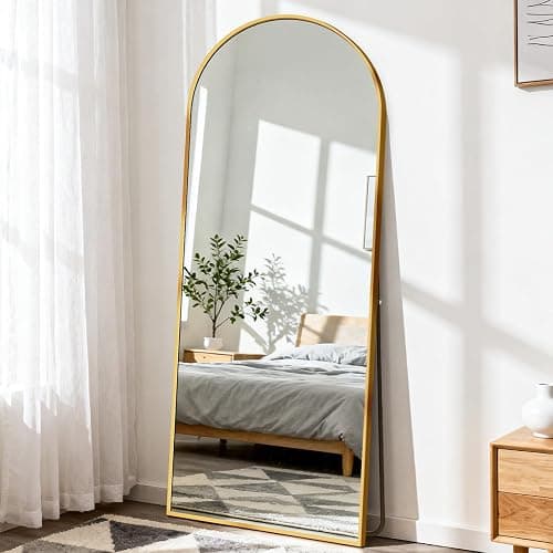 DUMOS 63.6"x20.6" Arched Full Length Mirror with Stand Floor Free Standing Aluminum Frame for Bedroom Body Hanging Leaning Modern Simple Home Decor Shatter-proorf Nano Glass Wall, Gold-Rounded thumbnail 6