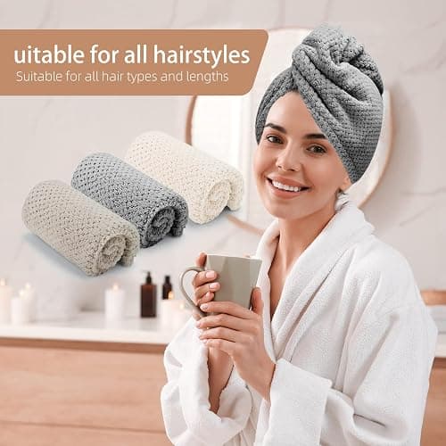 CZZXI 3 PCS Microfiber Hair Towel, Hair Wraps for Women Wet Hair, Fast Drying Hair Turban, Anti Frizz Head Towels Wrap for Curly Hair (Beige, Khaki, Grey) thumbnail 6