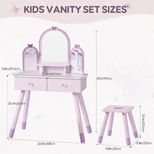 ROBUD Kids Vanity Table and Chair Set, Girls Vanity Set with Mirror, Pretend Play Kids Vanity, Makeup Dressing Table with Drawer and Accessories, Age 3+ (Purple) thumbnail 2