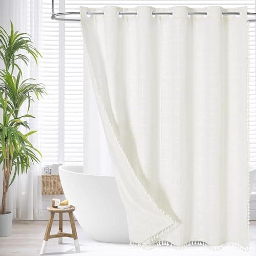 MitoVilla No Hooks Needed Boho Farmhouse Shower Curtain with Snap-in Liner, Cotton Linen Fabric Shower Curtains with Tassels for Rustic Neutral Bathroom Decor, Ivory, 72 x 74 - Image 1