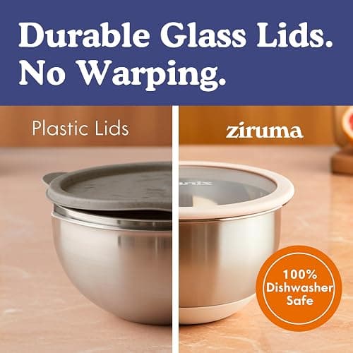 Ziruma Non-Toxic Mixing Bowls with Lids Set, Stainless Steel & Glass, 5 Pcs Plastic Free Bowls with Silicone Non-Slip Base, Dishwasher Safe Mixing Bowl Set thumbnail 4