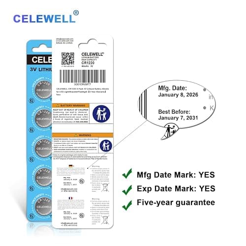 CELEWELL CR1220 5-Pack 3V Lithium Battery 40mAh for LED Light/Bracelet/Flashlight【5-Year Warranty】 thumbnail 4