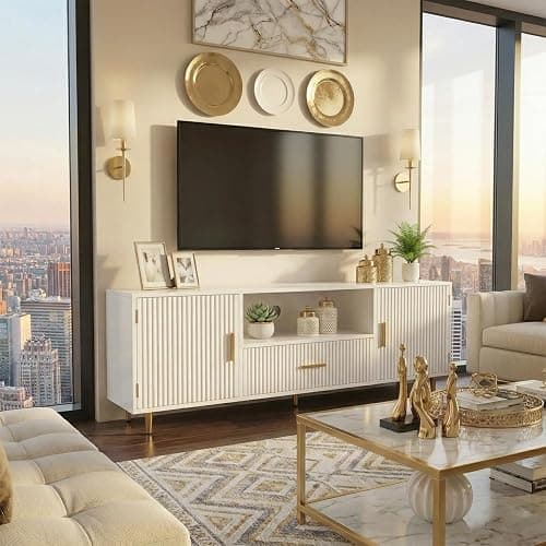 DIYART Modern Fluted TV Stand for 55/60/65 Inch TV, 57" Entertainment Center Media Console Table with Drawer & Storage Cabinets, Ribbed Design TV Cabinet Credenza for Living Room, White thumbnail 4