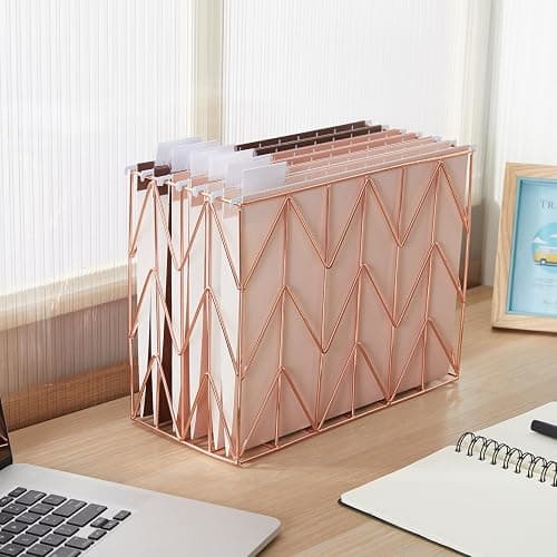 Y YOMA Hanging File Organizer, Letter Size Rose Gold Metal Desk File Crate Storage Basket for Home Office, 1 Pack, with Coco Mocha Standard + Extra Capacity Hanging Folder Set thumbnail 9