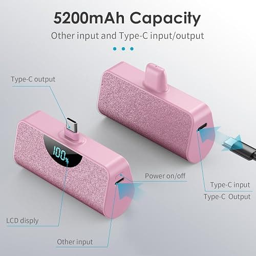 Mini Portable Charger USB-C Power Bank 5200mAh,Ultra Compact LCD Display Battery Pack Backup Charger Compatible with iPhone 17/17 Air/17 Pro/17 Pro Max/16/16 Plus/16 Pro Max/15 Series,Samsung- Pink thumbnail 3