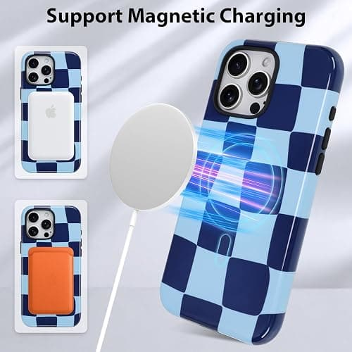 KANGHAR Compatible with iPhone 15 Pro Max Case, Aesthetic Checkered Cute Pattern, Support for MagSafe Shockproof Cover for Girls Women -Blue thumbnail 6