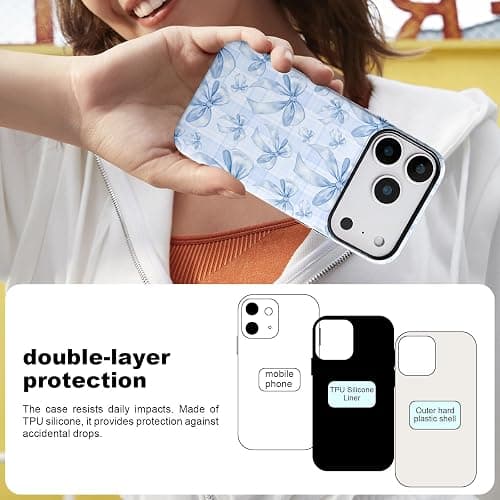 SZXYCZL Compatible with iPhone 17 Pro Max Case Phone Case, Aesthetic Kawaii Soft TPU Hard PC Protective Phone Cute Simple Checkered Bow Pattern for Women-Blue thumbnail 6