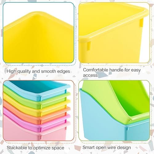 Geetery 12 Pcs Book Bin for Classroom with Labels Stackable Plastic Organizing Bins 11.5 x 5.4 x 7.5 in Book Holders Storage Bins Box Baskets for Classroom Library Home (Pastel Color) thumbnail 5