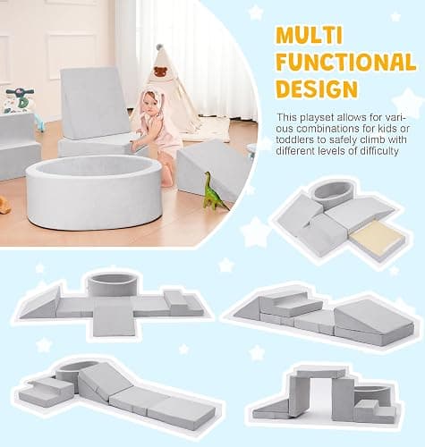 Elftopia Foam Climbing Blocks with Ball Pit & Stairs for Toddlers Aged 1-3 -Soft Playset for Indoor Crawling, Foam Playground Set for Baby to Active Playing Inside -(Balls NOT Included),Grey thumbnail 3