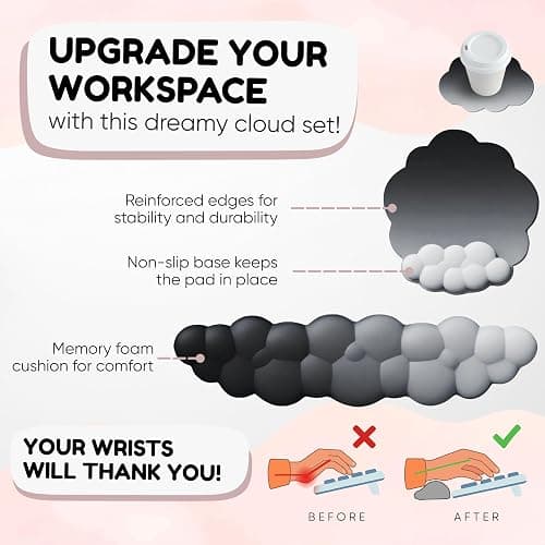 THONIV - Cloud Wrist Rest for Keyboard and Mouse, Soft Memory Foam Support with Non-Slip Base, Cute Cloud Design for Typing, Gaming, Office, Bonus Coaster Included for Desk Aesthetic (Black Gradient) thumbnail 6