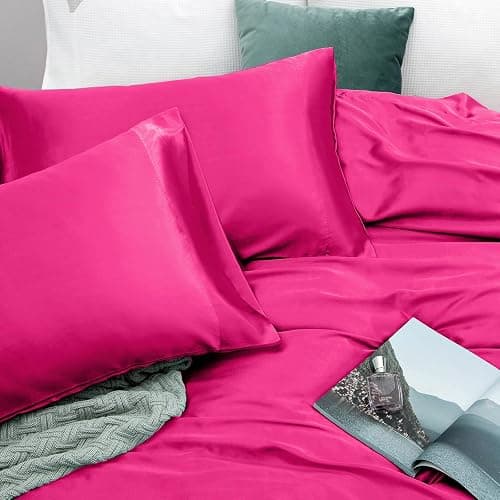 Vonty Satin Sheets Queen Size Silky Soft Satin Bed Sheets Hot Pink Sheet Set, 1 Deep Pocket Fitted Sheet + 1 Flat Sheet + 2 Pillowcases thumbnail 5