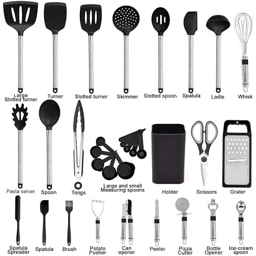 Kitchen Utensil Set-Silicone Cooking Utensils-33 Kitchen Gadgets & Spoons for Nonstick Cookware-Silicone and Stainless Steel Spatula Set-Best Kitchen Tools, Useful Pots and Pans Accessories thumbnail 3