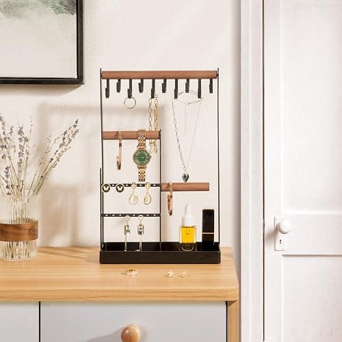 ProCase Jewelry Stand Holder Organizer, 4-Tier Necklace Holder with Ring Tray, 10 Hooks Necklaces Hanging Small Jewelry Display Storage Tower Tree for Bracelets Earrings Watches -Medium, Black thumbnail 5