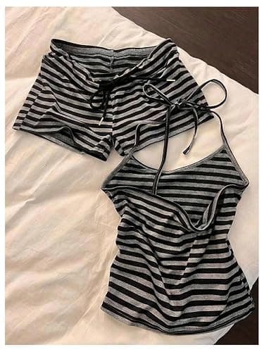 MakeMeChic Women's Two Piece Sets Striped Sleeveless Camisole Halter Top and Mini Shorts Summer Y2K Outfits thumbnail 2