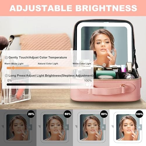 Mocado Travel Makeup Bag with LED Lighted Mirror,Travel Makeup Organizer,Makeup Case with 8 Makeup Brushes and 10x Magnifying Mirror,3 Colors Lighting, Adjustable Dividers Makeup Box(Pink) thumbnail 5