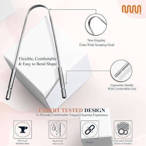 MasterMedi Tongue Scraper with Multicolor Cases (2 Pack), 100% Stainless Steel, Reduce Bad Breath, Easy to Use Tongue Scraper for Adults, Tongue Cleaner for Oral Care & Hygiene thumbnail 4