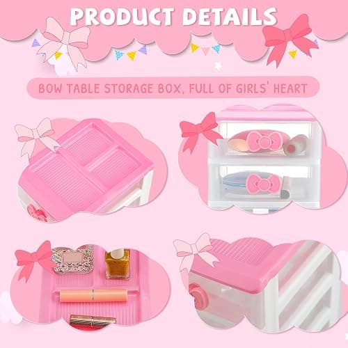 Tatuo Lovely Receiving Storage Cabinets Kawaii Makeup Organizer with 4 Layers Cute Storage Cabinet Box with Bow Handle Plastic Desktop Storage Box for Home Bedroom Bathroom Women Gifts(Clear) thumbnail 4