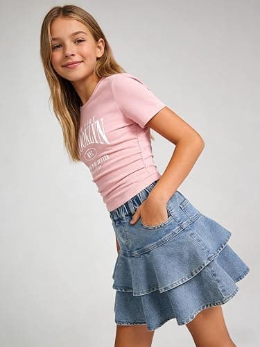 Cakaner Tween Girls Skirt Set Short Sleeve T-Shirt and Ruffle Tiered Denim Skirt Summer Casual 2 Piece Outfit Size 7-14 thumbnail 3