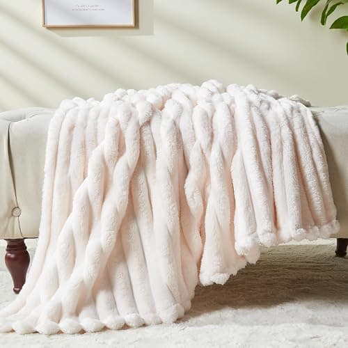 Super Soft Queen Blanket Ivory Premium Silky Flannel Fleece 3D Ribbed Jacquard Lightweight Bed Blanket All Season Use (Ivory Ribbed, Queen(90"x90")) thumbnail 9