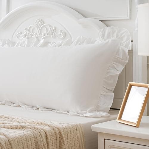 Qilunn Off White Ruffled Body Pillow Cover 1 Piece Washed Cotton Farmhouse Shabby Long Body Pillow Sham 20"x54" White thumbnail 3