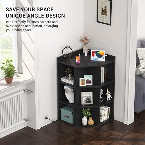 Aheaplus Corner Cabinet, Black Corner Storage with USB Ports and Outlets, Corner Cube Toy Storage for Small Space, Wooden Cubby Corners Bookshelf with 9 Cubes for Playroom, Bedroom, Living Room, Black thumbnail 5