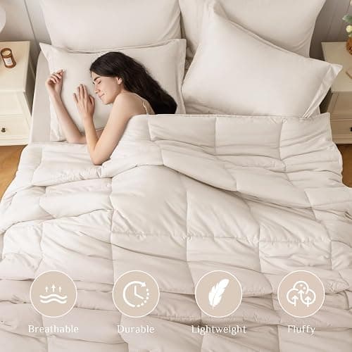 JOLLYVOGUE Queen Comforter Set, Ultra-Soft Bed in a Bag Queen Size 7 Pieces, Oeko-TEX Certified Bedding Set with Down Alternative Comforter, Sheets, Pillowcases & Shams, Beige thumbnail 2