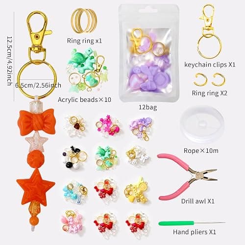 WJXCYGG 12 Set Lip Gloss Keychain Making Kit 120 Assorted Acrylic Beads Packed in 12 Colors 32.8 Ft Rope 12 Keychain Clips for DIY Crafts Women thumbnail 2