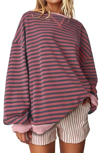 UEU Women Oversized Striped Crewneck Sweatshirt Long Sleeve Color Block Pullover Tops Casual Loose Workout Shirt - Image 1