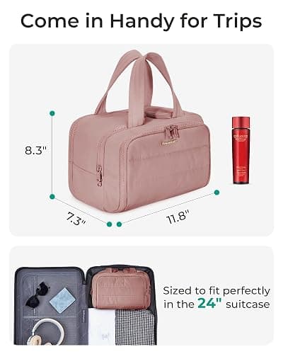 BAGSMART Travel Toiletry Bag, Lightweight Large Wide-open Travel Bag for Women, Puffy Cosmetic Makeup Bag Organizer with Handle for Accessories,Essentials, Toiletries, Dark Pink thumbnail 5