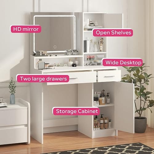 MIRROTOWEL Vanity Desk with Mirror and LED Light Strip,Dressing Table with Large Drawer, 3 Level Storage Dresser & 3 Lighting Modes Adjustable Brightness, Suitable for Bedroom thumbnail 5