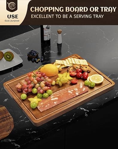 Large Acacia Wood Cutting Board for Kitchen, 17x12 Inch Reversible Wooden Chopping Board Charcuterie Board with Juice Grooves and Handle for Meat, Cheese, Vegetables, Fruits, Bread thumbnail 8