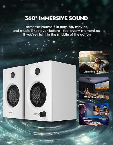 OHAYO 60W Computer Speakers for Gaming and Music, Active Bluetooth 5.3, Stereo 2.0 Speakers for Desktop PC Monitor or Laptop, Surround Sound Speaker, 3.5 mm Aux RCA Input, USB-Powered, 1 Pair, White thumbnail 5