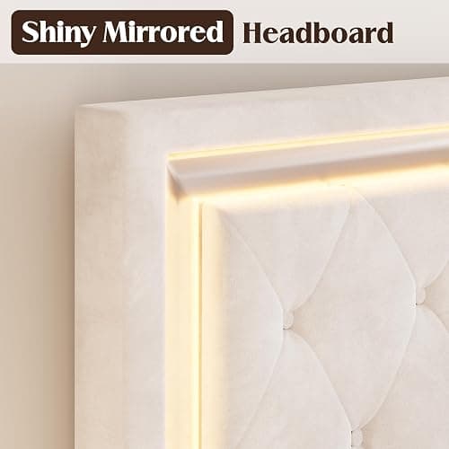 YUMPIE Full Bed Frame LED Lights Headboard, Velvet Upholstered, Cream | Adjustable Headboard built-in Chic Acrylic, Footboard, No Box Spring Needed, Solid Wood Slats, Noise-Free, Easy Assembly thumbnail 4