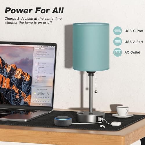 Small Bedside Table Lamp for Bedroom - Desk Lamp with USB Ports for Dorm | USB A+C Ports, AC Outlet, 3 Color Temperatures, LED Bulb Included, Teal Fabric Shade, Sleek Silver Base, 14" Night Stand Lamp thumbnail 4