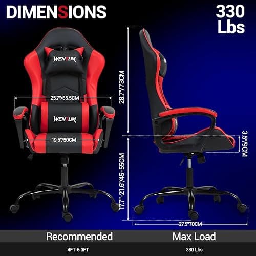 WENTUM Ergonomic Massage Gaming Chair for Kids Adults, Comfy PU Leather Office Desk Chair with Adjustable Headrest Lumbar Support 360° Swivel, Red thumbnail 3