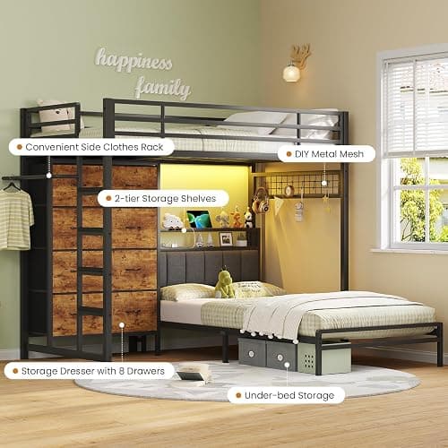 DICTAC Twin Over Twin Bunk Bed with 8 Storage Drawers and Led Lights Metal Bunk Beds with Storage Headboard and Charging Station,L-Shaped bunk Bed for Kids/Teen with Safety Guardrail and Ladder,Black thumbnail 8