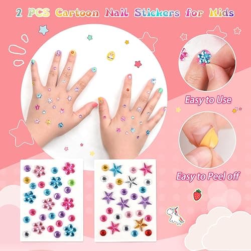 wakaniya Kids Non Toxic Nail Polish Set for Girls with Gems Nail Stickers, 7 Color Peel-Off Low Odor Nail Polish for Toddler thumbnail 3